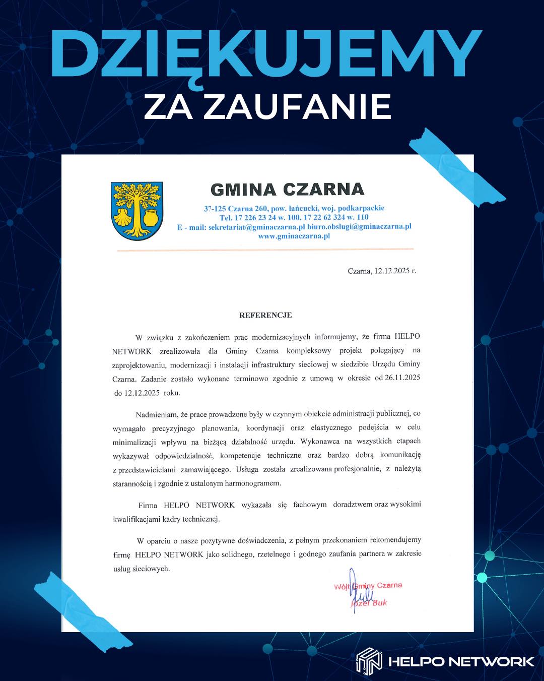 🏆 Bardzo miło nam otrzymać takie słowa od Gminy Czarna. Dziękujemy za zaufanie i dobrą współpracę 🤝

Ten projekt nie wydarzyłby się bez naszego zespołu. To ludzie, którzy:
✅ planują, myślą kilka kroków do przodu i pilnują szczegółów,
✅ potrafią działać sprawnie nawet w czynnym urzędzie,
✅ są odpowiedzialni, elastyczni i po prostu zaangażowani w to, co robią.

Cieszy nas, że nasza codzienna praca, komunikacja i podejście zostały zauważone i docenione.

Dzięki dla całego zespołu to Wasza robota 💪